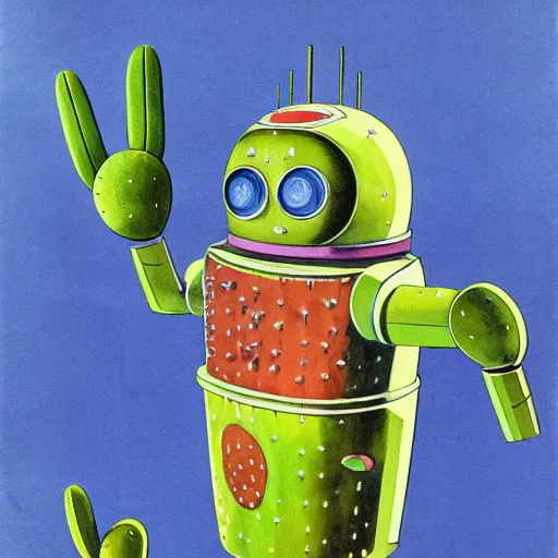 Image similar to full body shot shot of a 1950s retro Cactus robot, with space above the head. full body. Bionic cacti Arms and eyes. pop surrealism, poster art, muted colours. by Jean-Baptiste Monge, wide shot