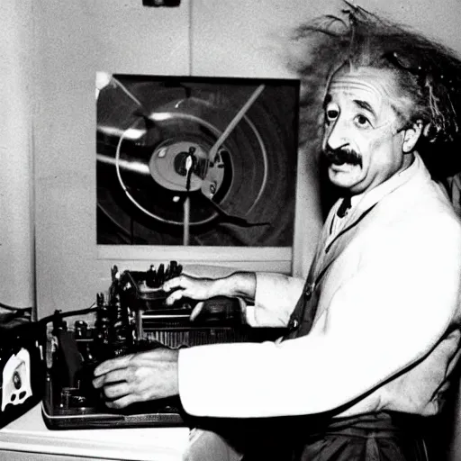 Image similar to photo of Albert Einstein DJing a record player, vintage, highly detailed facial features