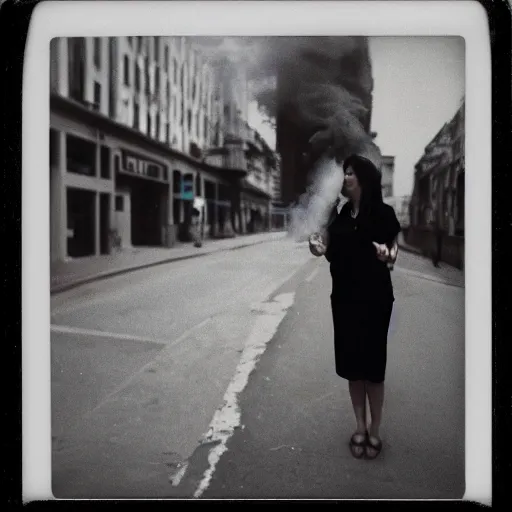 Image similar to a beautiful instant photograph of a woman smoking in the streets, polaroid, rule of thirds, light leak, raw, black clothing