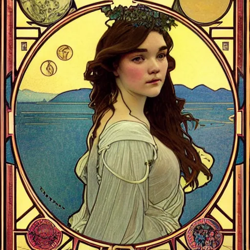 Prompt: florence pugh portrait by louis - theophile hingre and alphonse mucha, realistic, sharp focus, zodiac signs, tarot cards, planets, ethereal, art nouveau, magic, moon, sun, crown, dreamy, royal, jewellery