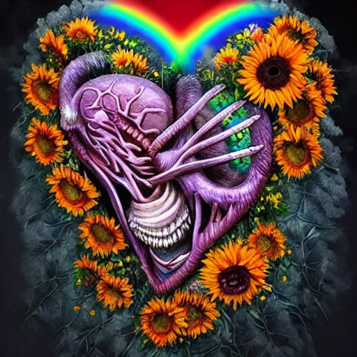 Image similar to a beautiful stunning interesting detailed matte digital painting by Larisa Novik of an anatomically correct heart bursting out of an anatomically correct skeletal rib-cage and exploding into rainbows and sunflowers, epic mind-blowing gorgeous grunge, trending on artstation hq