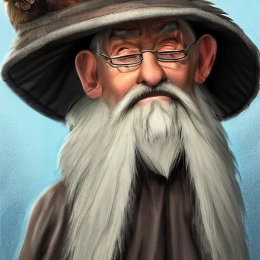 Prompt: a kind old wizard with a long white beard looking a confused, holding a pet chicken perched top of his hat, wearing a blue robe, grey eyes, realistic, detailed, trending on ArtStation, by Tony Sart