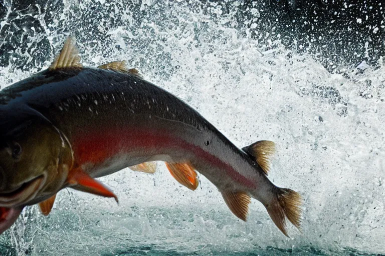 Prompt: a close - up photograph of a salmon with it's mouth open jumping out of the water. national geographic, fast shutter speed, 5 0 mm