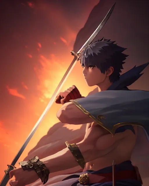 Prompt: strong warrior with a greatsword, dramatic pose, square masculine facial features, short messy hair, intimidating appearance, 3 d octane render, unreal engine 5, ultra high detail, glow, atmosphere, trending on pixiv fanbox, by greg rutkowski makoto shinkai takashi takeuchi studio ghibli, akihiko yoshida