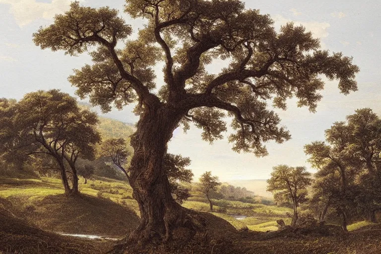 Image similar to masterpiece print of oak trees on a hillside overlooking a creek, by william seltzer rice