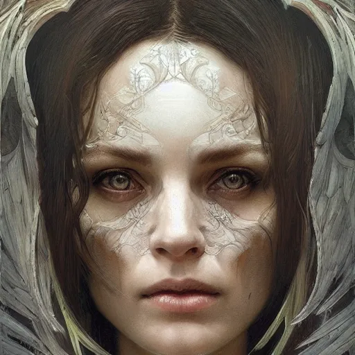 Image similar to portrait of the angel of death, detailed face, intricate, highly detailed, digital painting, artstation, concept art, sharp focus, illustration, art by greg rutkowski and alphonse mucha