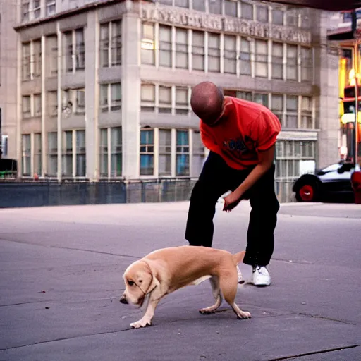 Prompt: Portrait of a b-boy Labrador doing powertricks on the sidewalk in downtown Philadelphia, photographed for Reuters. 25mm, f/1.8, Portra 400, very beautiful, composition.