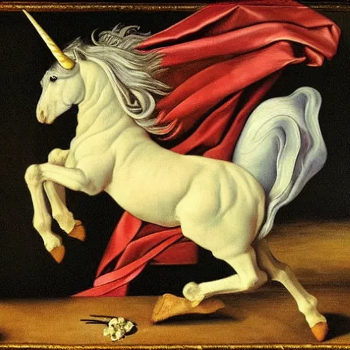 Prompt: a unicorn walking on a rainbow, in the style of caravaggio