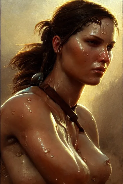 Prompt: muscular sweat and wet, lara croft, exhausted face close up, highly detailed painting by gaston bussiere, craig mullins, j. c. leyendecker 8 k