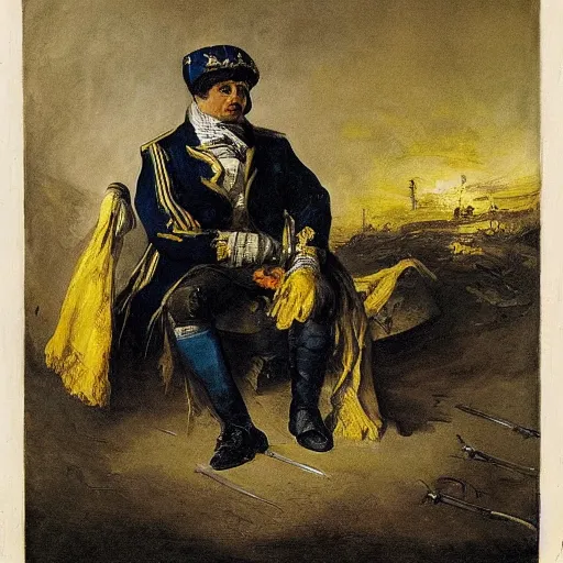 Image similar to Volodymyr Zelensky at war, dressed like Napoleon Bonaparte, his clothes are torn and dirty, he is sitting between dead corpses and weeping, holding a half burnt blue and yellow flag of Ukraine, by Francisco Goya