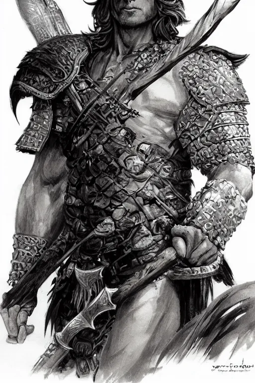 Image similar to A semi realistic portrait of a young handsome male barbarian with long wild hair, intricate fantasy spear, plated armor, vivid colors, colored, D&D, dungeons and dragons, tabletop role playing game, rpg, jrpg, digital painting, by Frank Frazetta and Yusuke Murata, concept art, highly detailed, promotional art, HD, digtial painting, trending on ArtStation, golden ratio, rule of thirds, SFW version