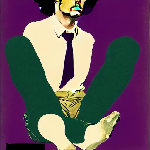 Image similar to Young Spanish man is Super Spy Captain, the Electric Boy, Art by Coles Phillips and Joshua Middleton, socks, Rene Magritte, succulent plants Chalk white skin, deep purple hair, Green eyes, Orange background, Mucha, Portrait of the man, surreal, ,carbon black and antique gold