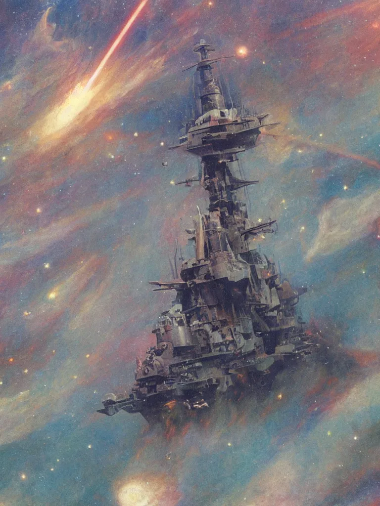 Image similar to single World War II battleship going to lightspeed in a nebula, by Mucha, trending on ArtStation