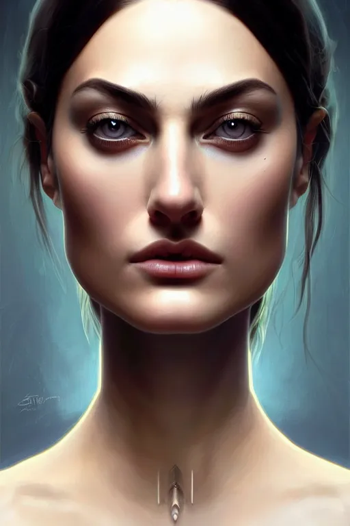 Image similar to symmetry!! portrait of phoebe tonkin, machine parts embedded into face, intricate, elegant, highly detailed, digital painting, artstation, concept art, smooth, sharp focus, illustration, art by artgerm and greg rutkowski and alphonse mucha, 8 k