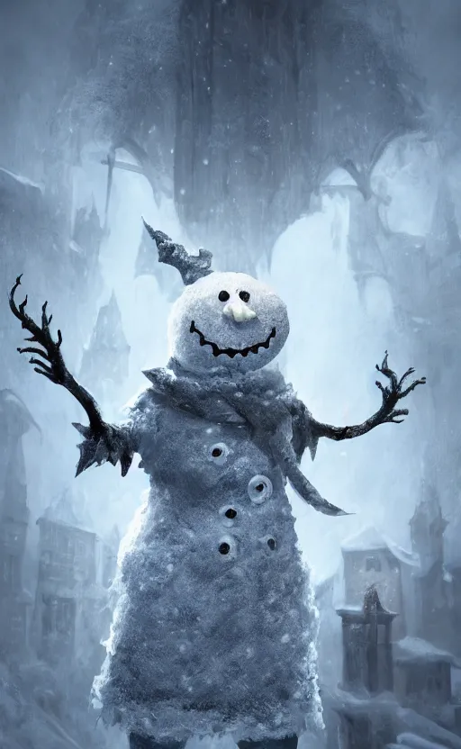 Image similar to a a full body portrait of monster jack frost the snowman, in the middle of a village in the snow, dynamic lighting, photorealistic dark fantasy concept art, trending on art station, stunning visuals, creative, cinematic, ultra detailed, scary art, monster