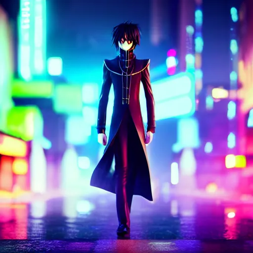 Image similar to Lelouch Lamperouge in a neon city, octane render 8k, atmospheric render, myserious man, professional render, volumetric light, redshift render, eccentric Lelouch vi Britannia, bokeh effect, detailed face