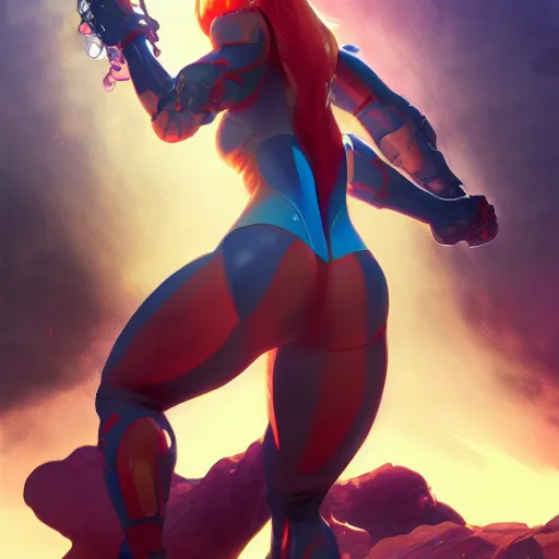 Image similar to samus aran with as a witch showing has her big back muscles, highly detailed, digital painting, artstation, concept art, matte, sharp focus, illustration, art by artgerm and greg rutkowski and alphonse mucha