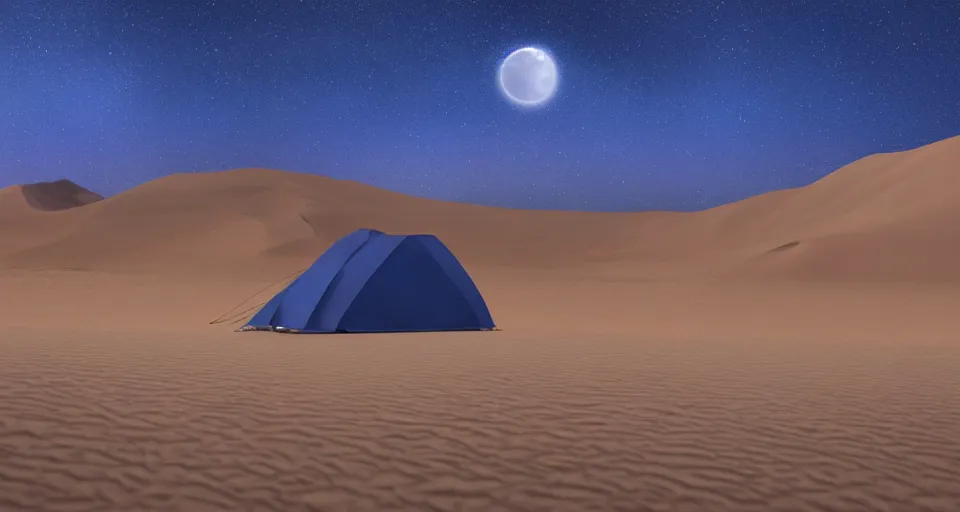 Image similar to hyper realistic matte painting of a small tent in the desert with dunes at night, blue color scheme, artstation, cgsociety