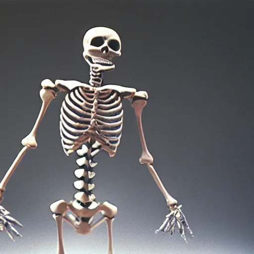 Prompt: a dancing skeleton, 9 0's film