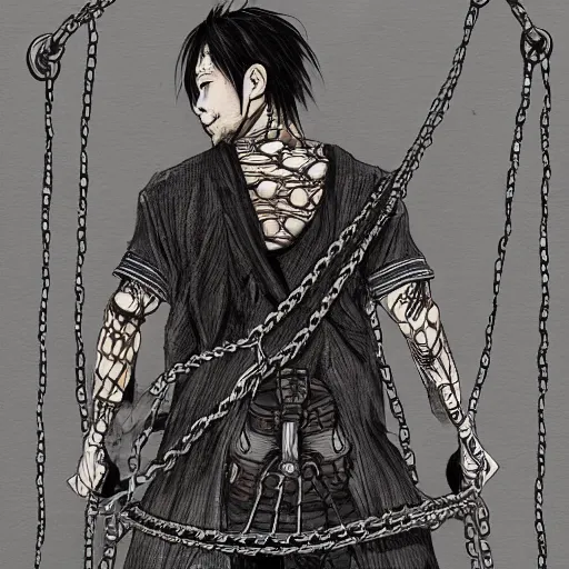 Image similar to A FULL BODY PORTRAIT FROM BEHIND OF TAKEZO VAGABOND ,THE MAN KEEPS A KUSARIGAMA AND IT IS WRAPPED IN CHAINS ,detailed, concept art, ink style , sketch