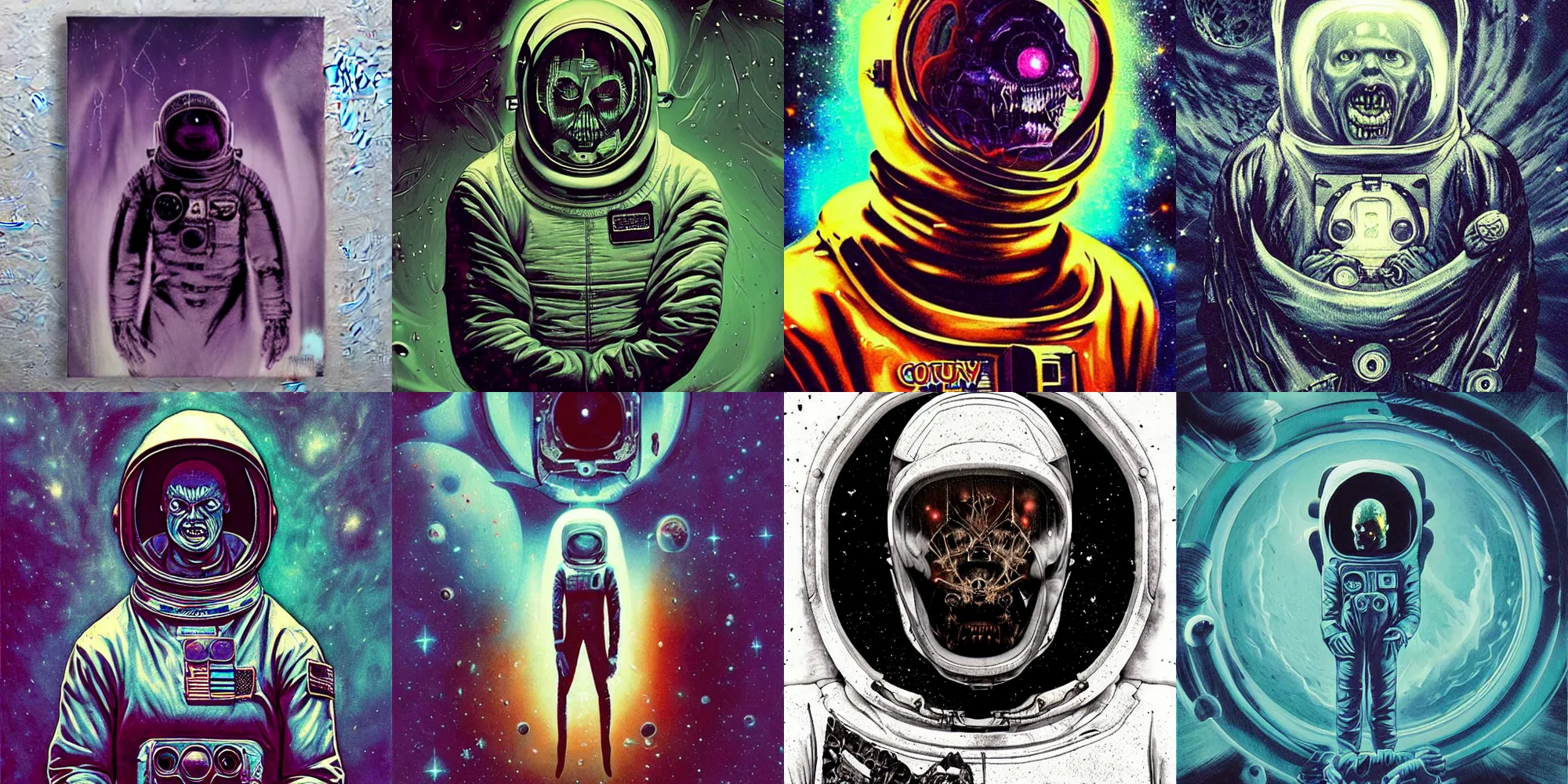 Prompt: scary creepy astronaut, horror poster 9 0 s, cosmic horror, abstract, ghostly, arcade, duotone, poltergeist, lets get weird, intricate, elegant, highly detailed, digital painting, artstation, smooth, sharp focus, art by mondo, julian del rey and greg rutkowski, david la chapelle, ultraviolet colors,