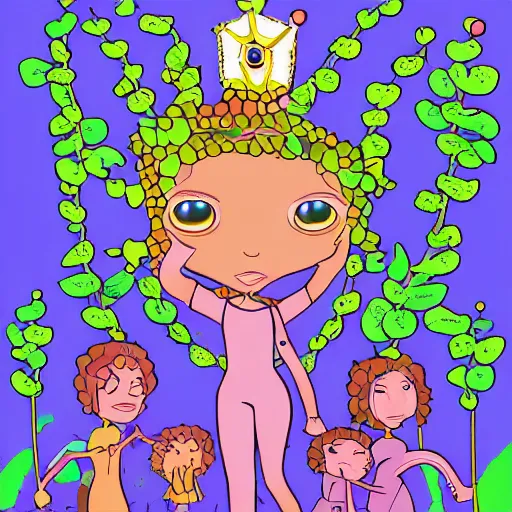 Prompt: the hive mind princess leads her minions to the fruit trees, digital art