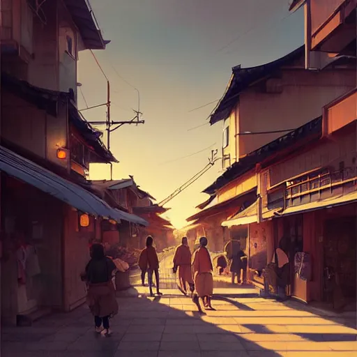 Image similar to walking around ozu city and shimonad station, ehime, japan. volumetric lighting, hot summer evening, golden hour, realistic illustration, perfectly shaded, soft painting, art by krenz cushart and wenjun lin