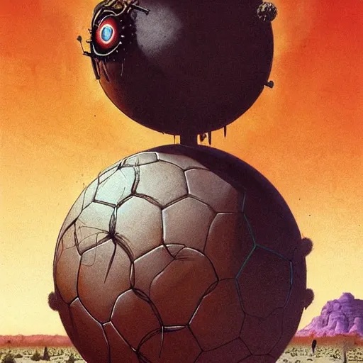 Prompt: magical soccer ball covered with eyes, with two antennas, in the desert next to a cactus, d & d, fantasy, greg rutkowski, frank frazetta, alexandre chaudret, boris vallejo, michael whelan, miro petrov, hr giger, magali villeneuve, donato giancola