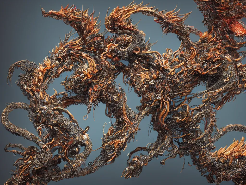 Image similar to a visionary 8 k cg render with hundreds intricate incense smoke modular synthesizer robot chinese dragons growing on a fantasy pegasus made of feathers and complex interweaving tentacles, plants and intricate mechanical parts, complex wrapping bio - mech fiber optic cables with particles, beautiful glowing tech volumetric lighting, # cgsociety, trending on artstation, soft pastel color, dof : - 1