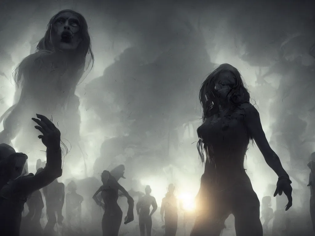 Image similar to The girl and the sun, ghouls swarming in the background, low angle, dark and mysterious, stopped in time, atmospheric, ominous, eerie, cinematic, Epic, 8k, 4k, ultra detail, ultra realistic, rendered by awesomeness