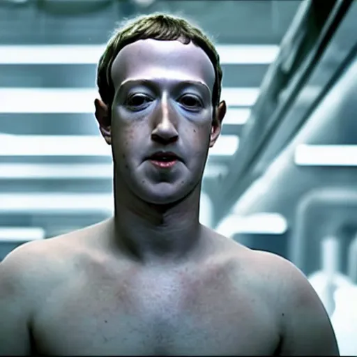 Image similar to mark zuckerberg awakening from his alien cryogenic chamber with slimy feeding tubes attached. science fiction movie.