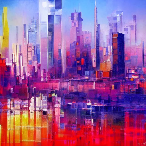 Prompt: a impressionism painting of a cityscape with buildings in the background, an abstract painting by stanton macdonald wright, cgsociety, lyrical abstraction, cityscape, dystopian art