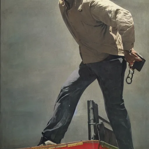 Image similar to Portrait of Jason Statham Pet Detective Standing atop a Garbage Truck Newell Convers Wyeth Andrew Wyeth Jamie Wyeth