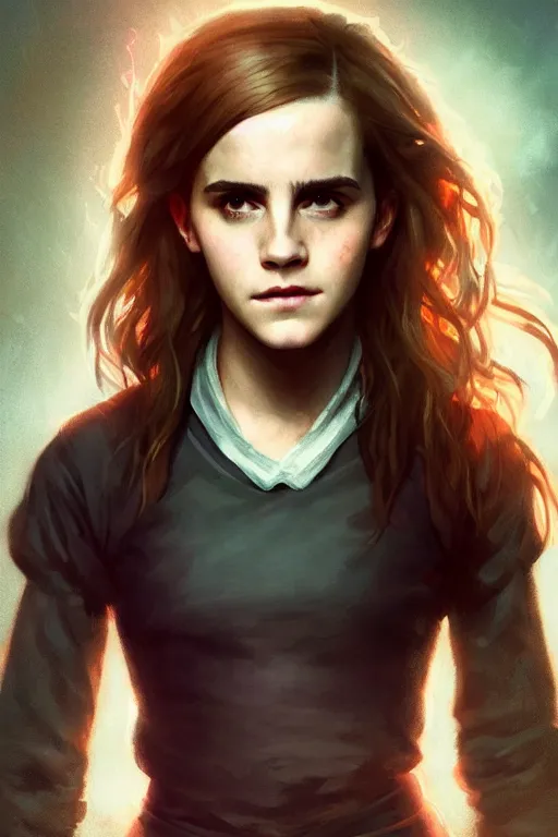 Image similar to portrait of Emma Watson as Hermione Granger in cyberpunk, neon lighting, digital art from artstation by Ruan Jia and Mandy Jurgens and Artgerm and william-adolphe bouguereau and Greg Rutkowski and Wayne Barlowe