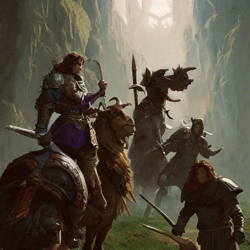 Prompt: a paladin, a rogue and a druid fighting against a giant goat, medieval streets, d & d, fantasy, highly detailed, digital painting, artstation, concept art, character art, art by greg rutkowski and tyler jacobson and alphonse mucha