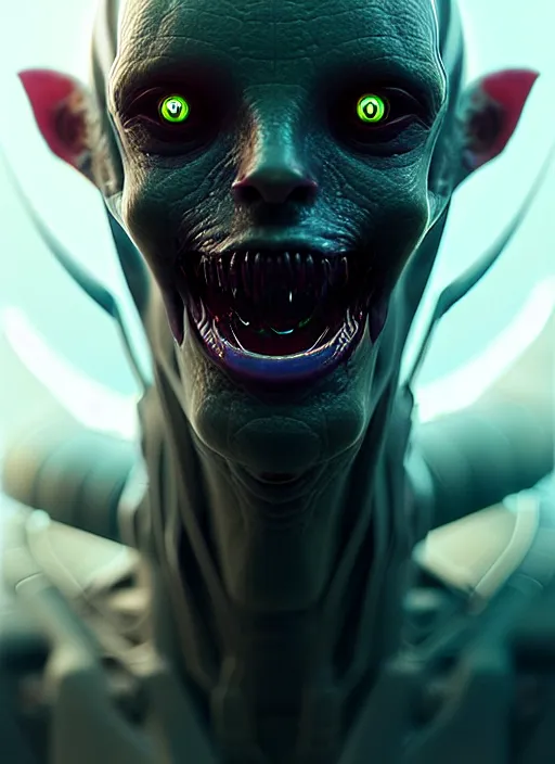 Image similar to portrait of a space alien, varying detailed skin, octane render, piercing glowing eyes, realistic render, detailed, ugly, slimy unreal engine, symmetrical!!, greg rutkowski and ruan jia, cinematic