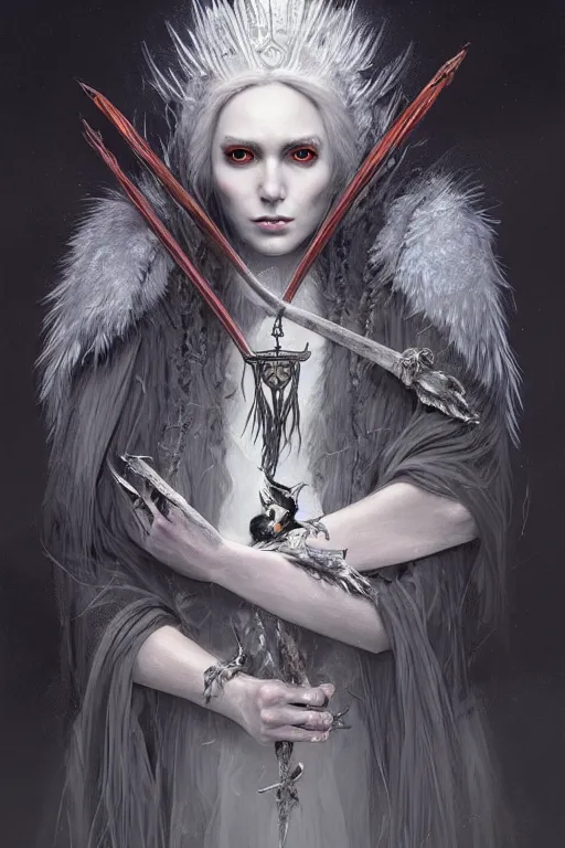 Prompt: a portrait of grey owl witch queen, holding ceremonial sickle, fantasy, sharp focus, intricate, elegant, digital painting, artstation, matte, highly detailed, concept art, illustration, ambient lighting, art by ilya kuvshinov, artgerm, jingna zhang, and greg rutkowski