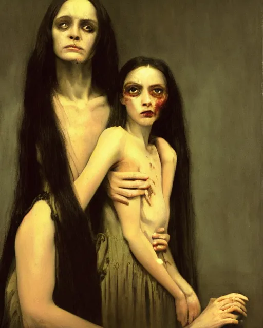 Prompt: a beautiful and eerie baroque painting of two beautiful but creepy siblings in layers of fear, with haunted eyes and dark hair, 1 9 7 0 s, seventies, wallpaper, a little blood, morning light showing injuries, delicate embellishments, painterly, offset printing technique, by brom, robert henri, walter popp