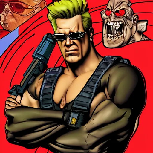 Image similar to Duke Nukem doing the Bateman stare, red tank-top, Duke Nukem 90s cover art