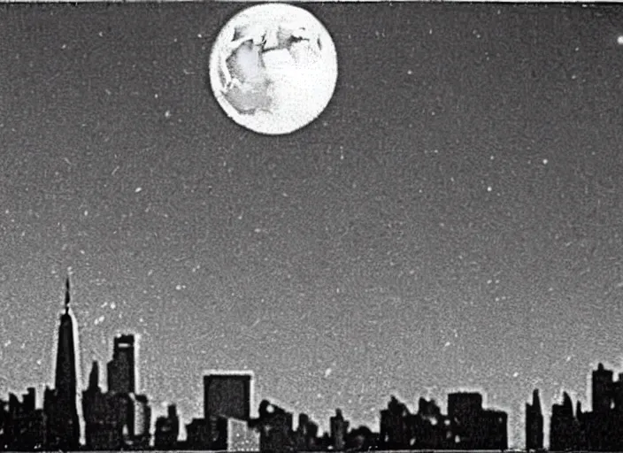 Image similar to vintage photo still of the moon!!!! exploding!!!! exploding moon moon explosion fragments on one side moon rupture moon exploding moon explosion over new york city in the 1 9 2 0 s, black and white, weathered, edge vignette, explosion in the sky, moon exploding