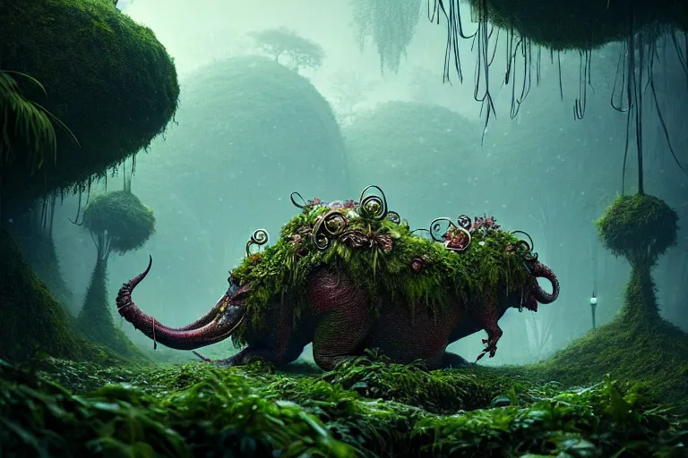 Prompt: a giant creature in a lush trunda vegetation, snow snow, spring : : by michal karcz, daniel merriam, victo ngai and guillermo del toro : : ornate, dynamic, particulate, intricate, elegant, highly detailed, centered, artstation, smooth, sharp focus, octane render, 3 d