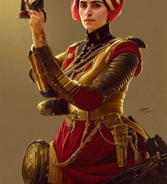 Image similar to portrait of a turkish woman wearing a traditional nineteenth century ottoman empire military uniform, metal shoulder pauldrons, intricate, highly detailed, digital painting, artstation, concept art, sharp focus, cinematic lighting, illustration, art by artgerm and greg rutkowski, alphonse mucha, cgsociety