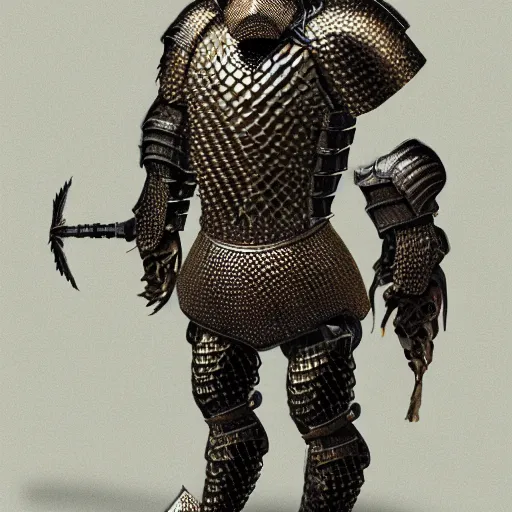 Image similar to a humanoid Pangolin armored knight with metallic armor that looks similar to a pangolin and biotechnology mesh