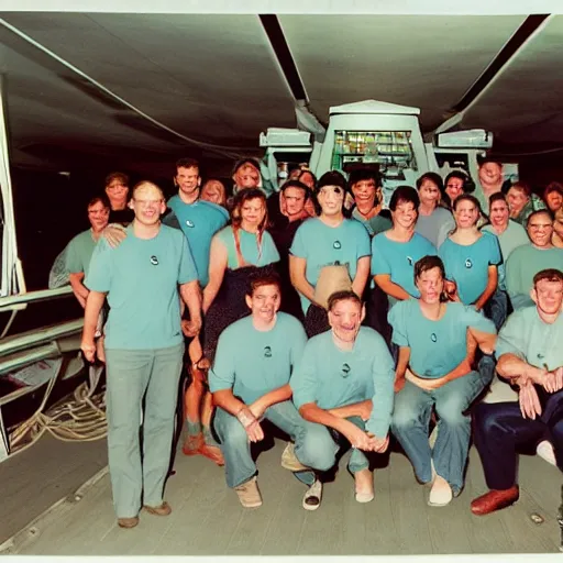 Prompt: party on the deck of the U.S.S. Enterprise, group photo