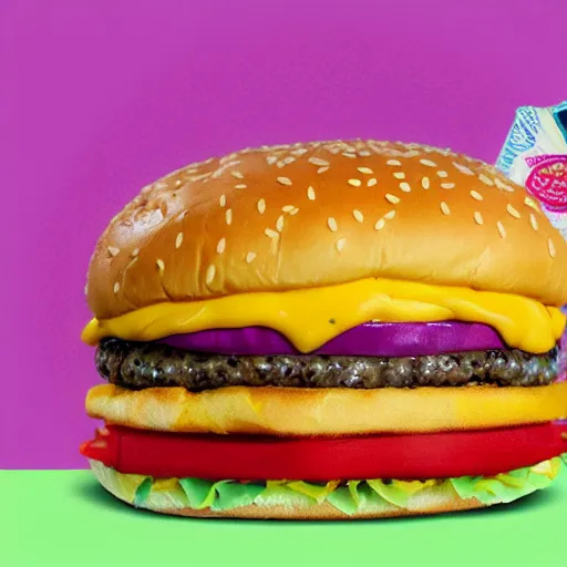 Image similar to a lisa frank cheeseburger