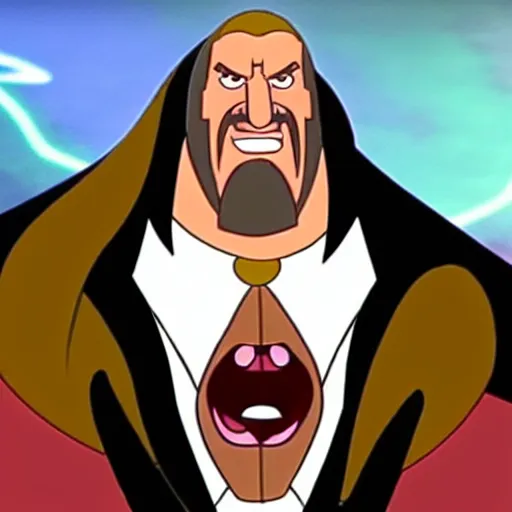 Image similar to Head-to-shoulder shot of Triple H as a Disney villain, traditional animation