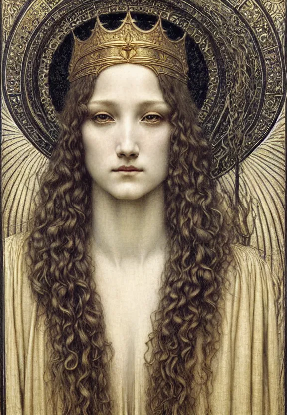 Image similar to detailed realistic beautiful young medieval queen face portrait by jean delville, gustave dore and marco mazzoni, art nouveau, symbolist, visionary, gothic, pre - raphaelite. horizontal symmetry