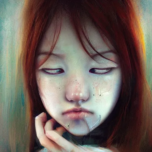 Prompt: girl sitting crying, night, cold weather, emotional oil painting, digital art, trending on artstation, by Yoshitaka Amano, highly detailed