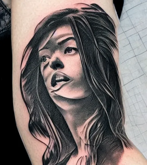 Prompt: a beautiful woman face against a background mighty mountains, tattoo design sketch, amazing blend effect, hyper - realistic, in the style of matteo pasqualin, amazing detail, black and white