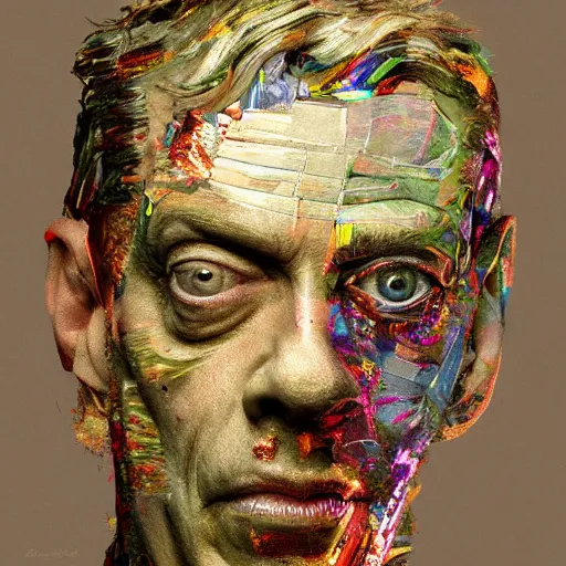 Prompt: a realistic octane render of steve buscemi, physically based rendering of chrome plated steve buscemi, trending on artstation, by archan nair and marlene dumas, intricate details, gilded, in the style of frank auerbach